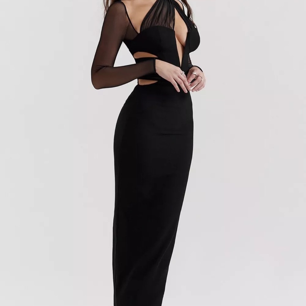 HOUSE OF CB 'Zahra' Black Plunge Maxi Dress Size S